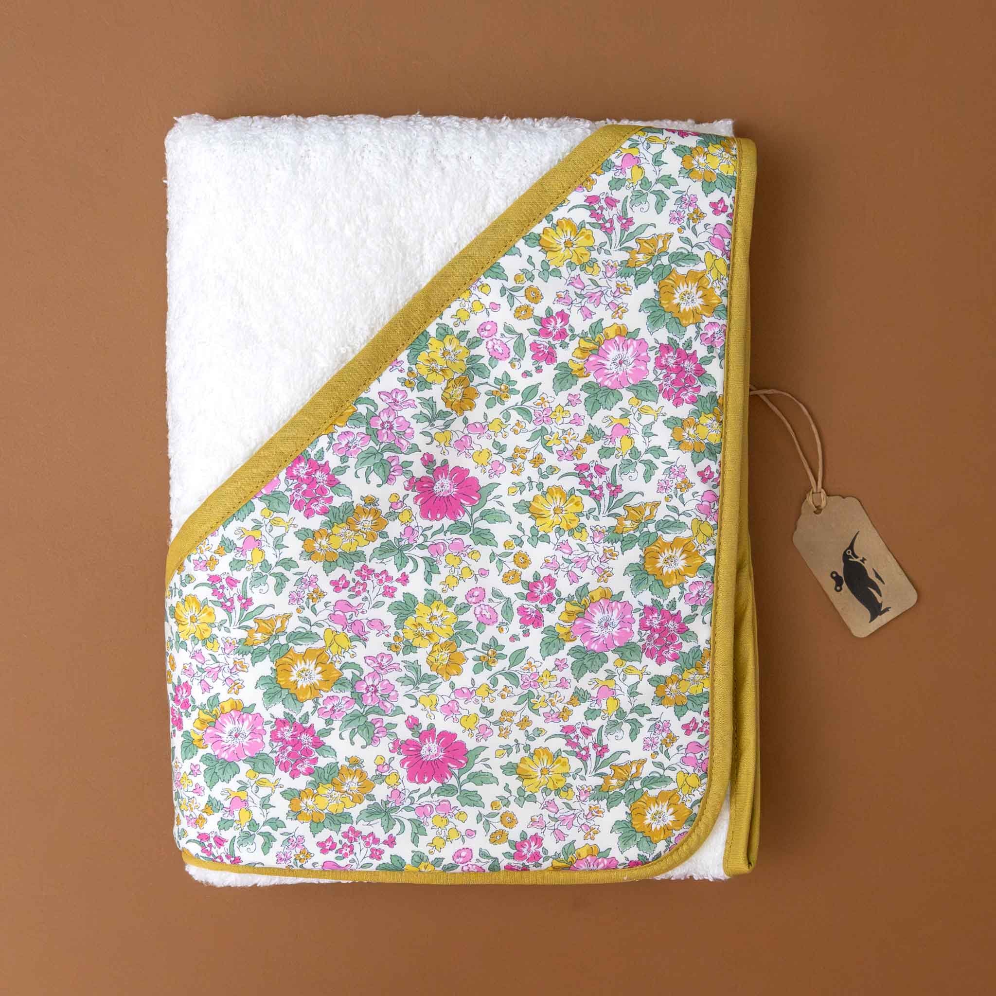 liberty-white-bath-towel-rosalie-ochre-pink-green-floral-hood-with-ochre-trim