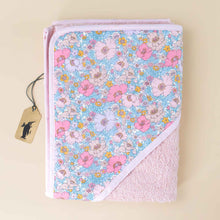 Load image into Gallery viewer, liberty-pink-bath-towel-sofia-pink-blue-and-orange-floral-with-pink-trimmed-hood