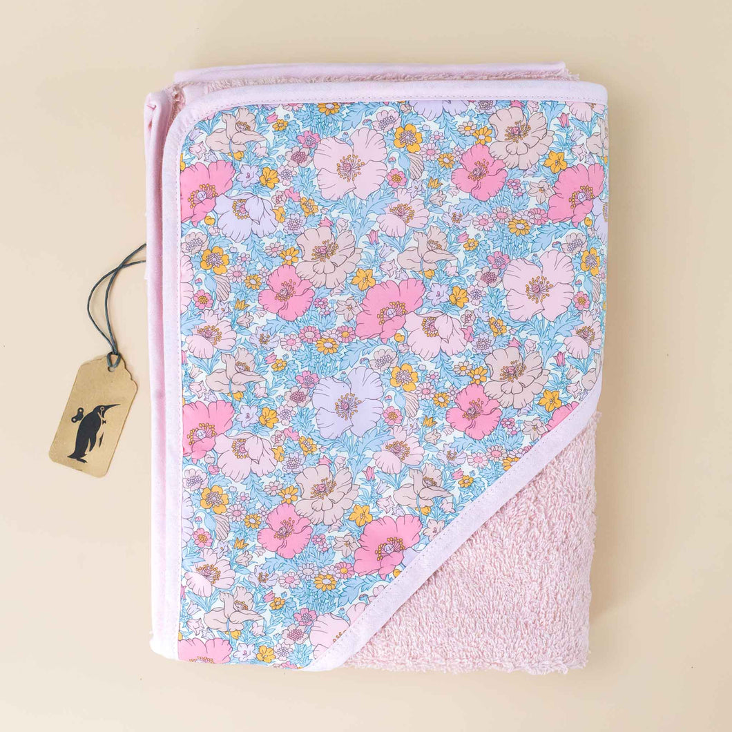 liberty-pink-bath-towel-sofia-pink-blue-and-orange-floral-with-pink-trimmed-hood