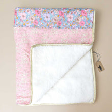 Load image into Gallery viewer, pink-floral-print-liberty-blanket-sofia-with-white-fleece-underside-and-gold-lame-bias-trim