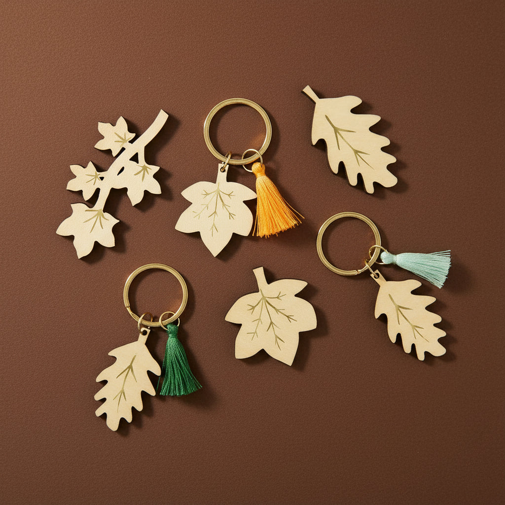Set of leaf-shaped keychains with colorful tassels on a white background