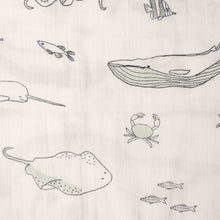Load image into Gallery viewer, detail-view-of-outlined-stingray-whale-crab-fish-narwhal
