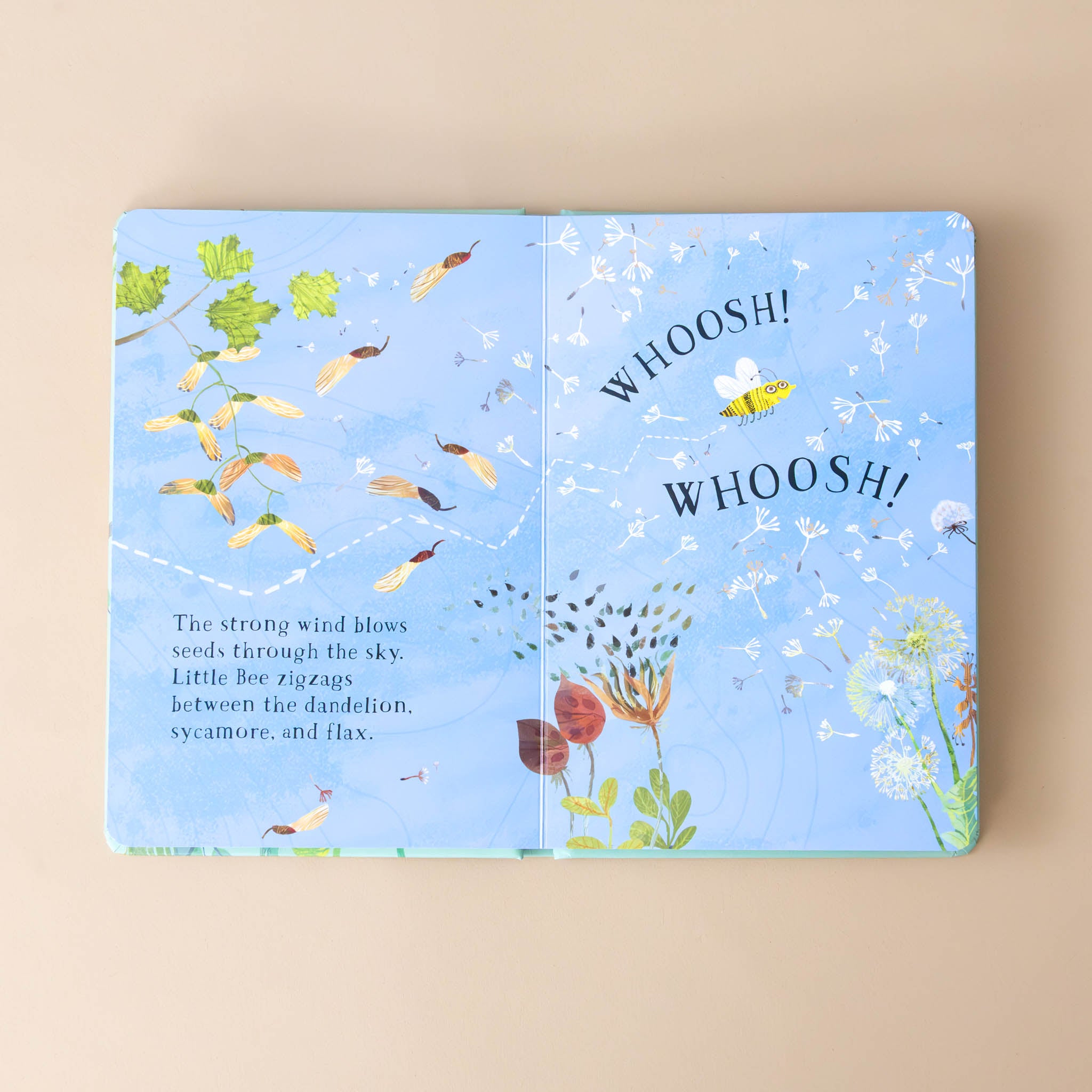 little-bees-book-of-blooms-illustration-of-seeds-blowing-in-the-wind-as-bee-buzzes-by-with-words-whoosh-whoosh-along-with-other-text