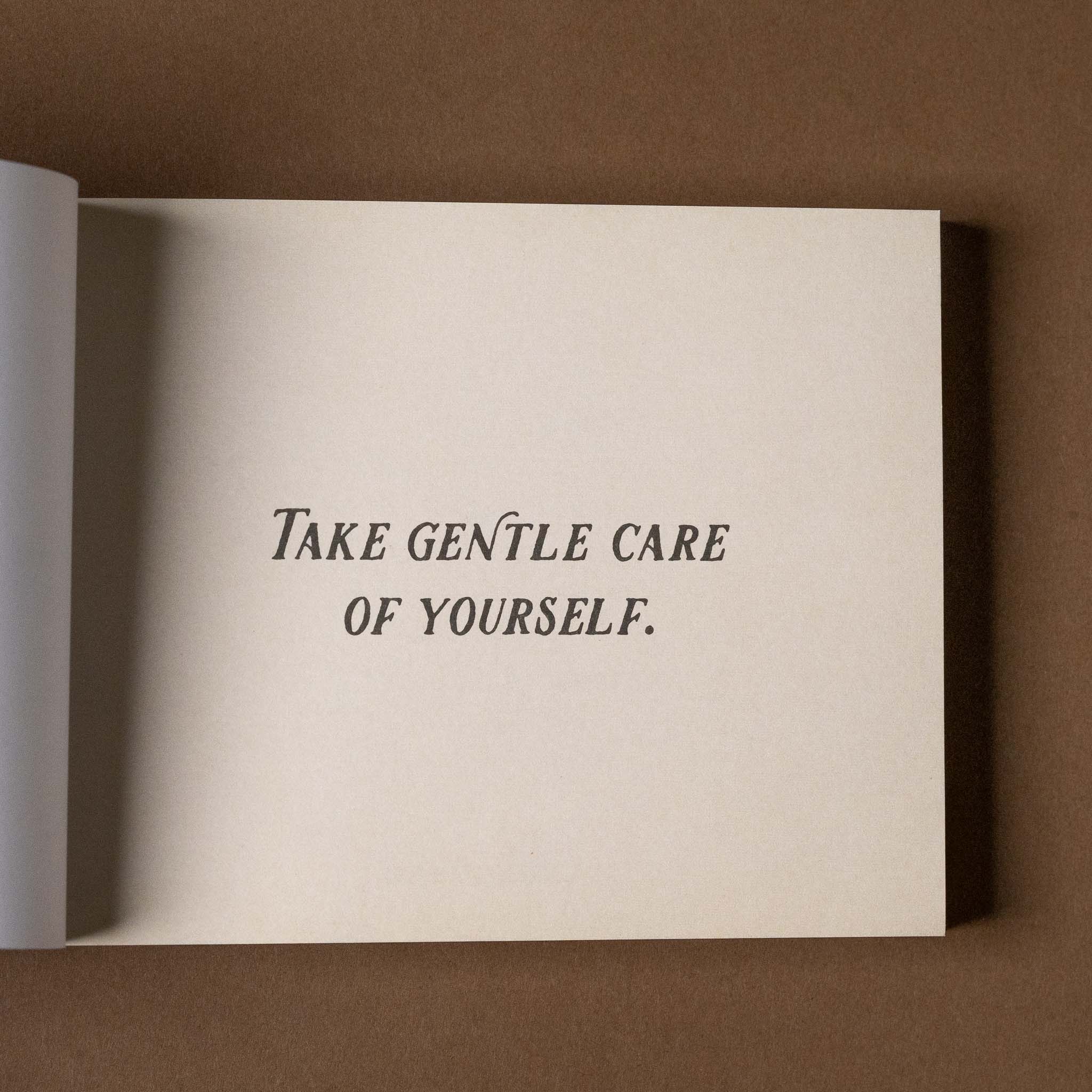 Open book with text 'Take gentle care of yourself' on a brown background