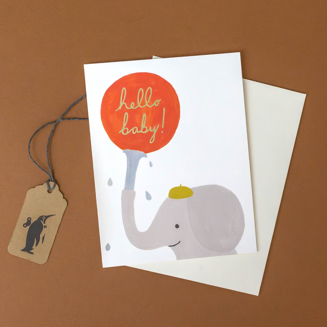 little-elephant-with-water-flowing-from-snout-holding-a-red-ball-labeled-hello-baby-greeting-card