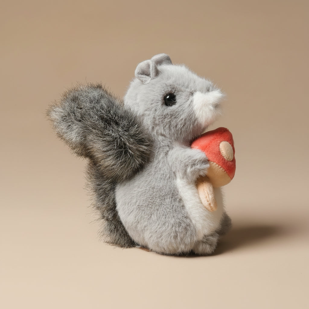 Plush toy little-grey-squirrel-with-toadstool on a beige background