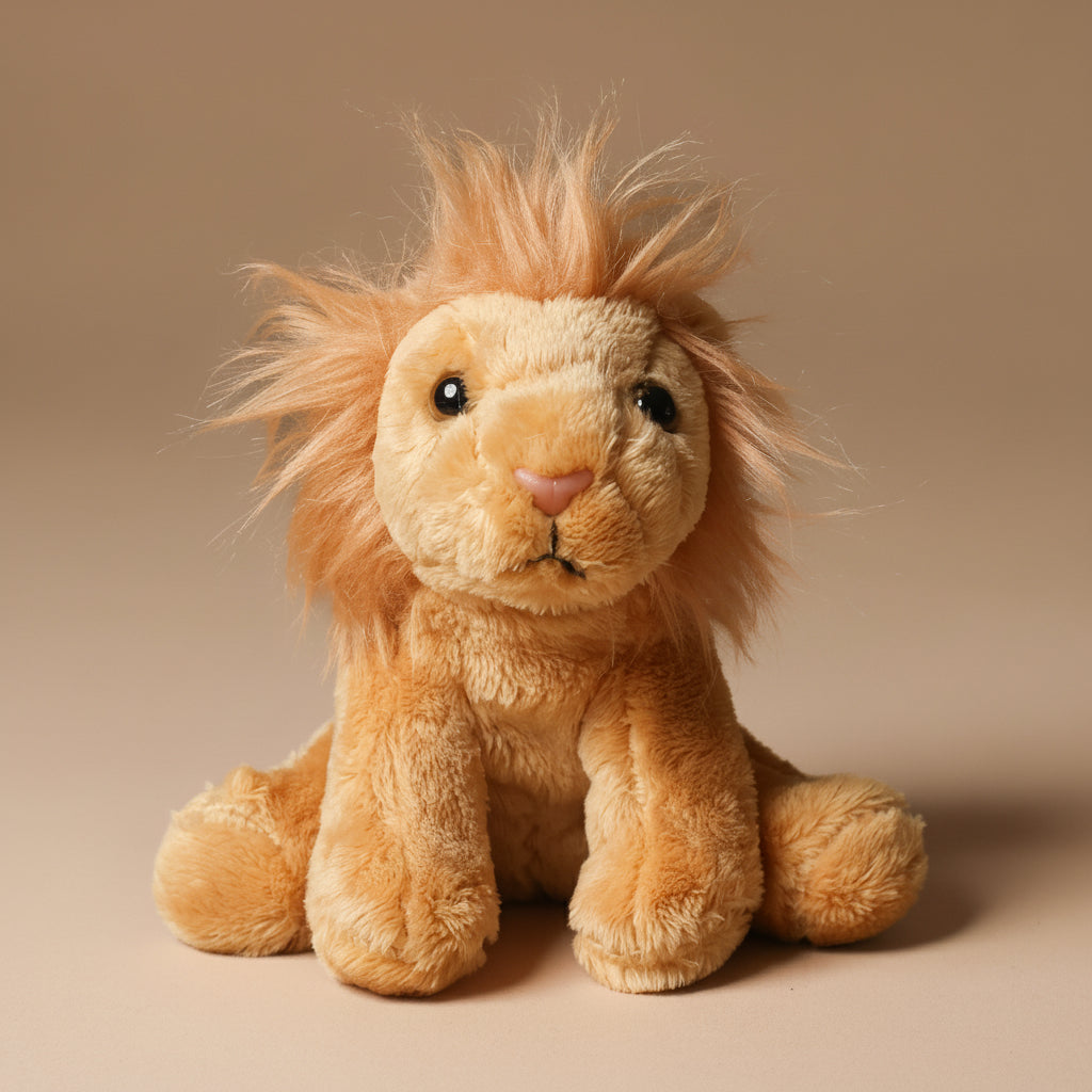Plush little-lion-cub toy on a beige background