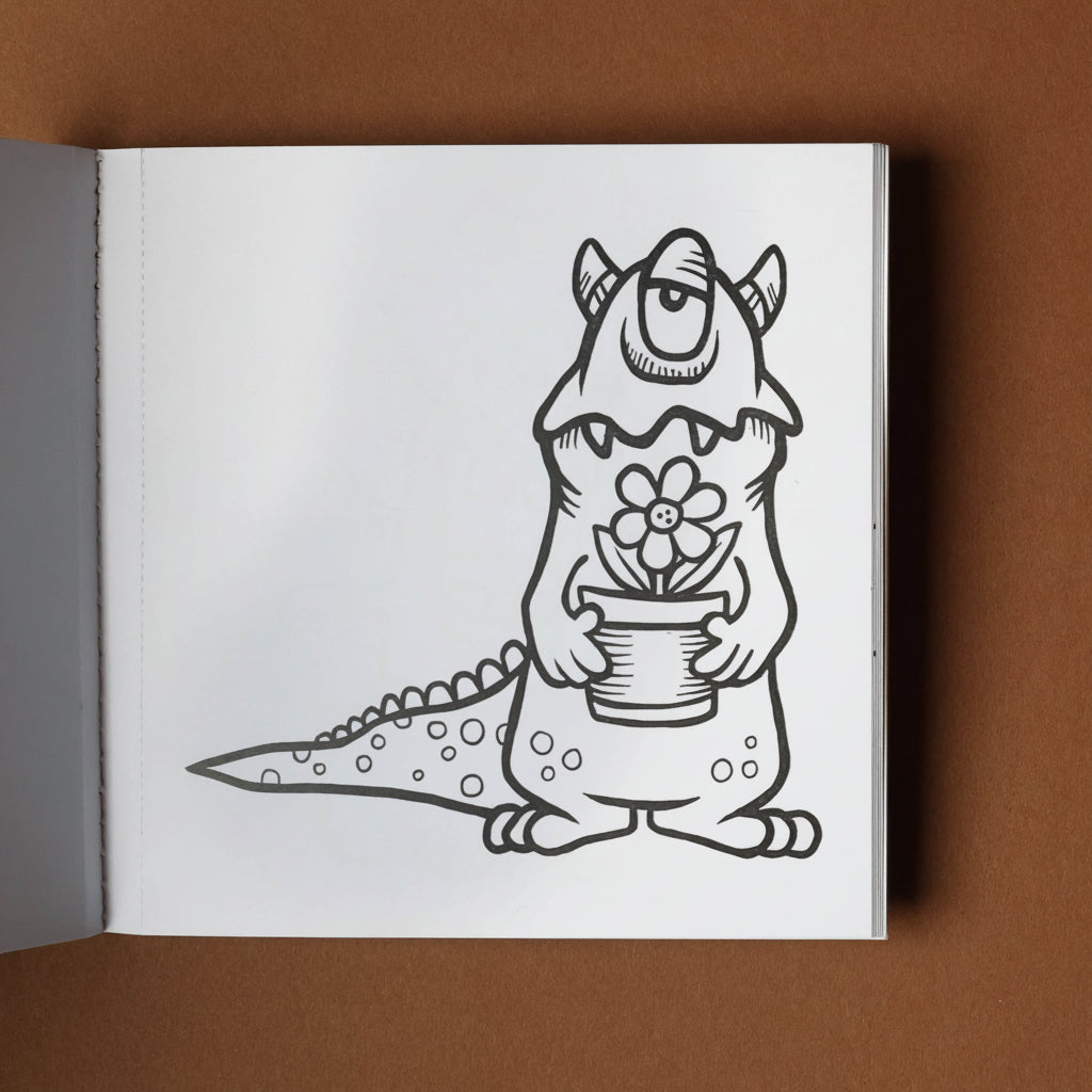 Illustration of a monster holding a flower pot on a white page with a brown background