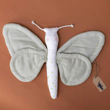 Load image into Gallery viewer, little-organic-cotton-butterfly-teether-green-tea-with-french-knot-detail-on-the-body-antennae-and-rosy-cheeks