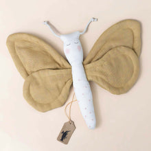 Load image into Gallery viewer, little-organic-cotton-butterfly-teether-honey-with-french-knot-detail-on-the-body-antennae-and-rosy-cheeks