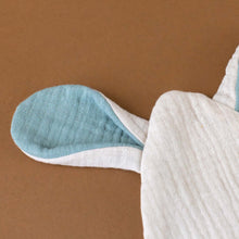 Load image into Gallery viewer, little-organic-cotton-muslin-bunny-lovie-sand-ear-with-seafoam-inside