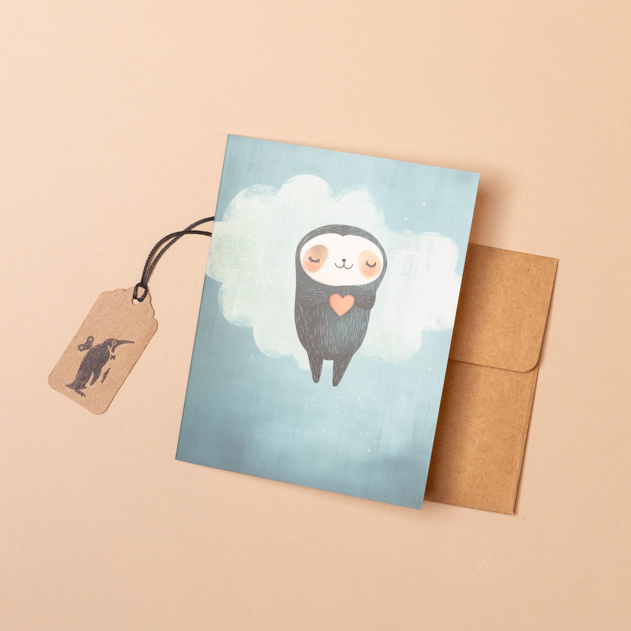 lofty-love-greeting-card with a cute sloth illustration on a cloud, accompanied by a brown envelope and tag.