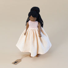 Load image into Gallery viewer, lola-wooden-doll-with-pretty-blush-dress-and-long-black-hair