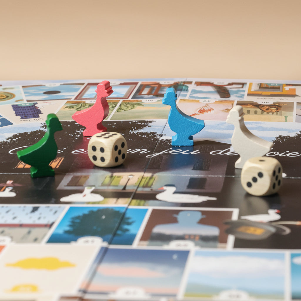 Board game pieces and dice on a board with colorful illustrations