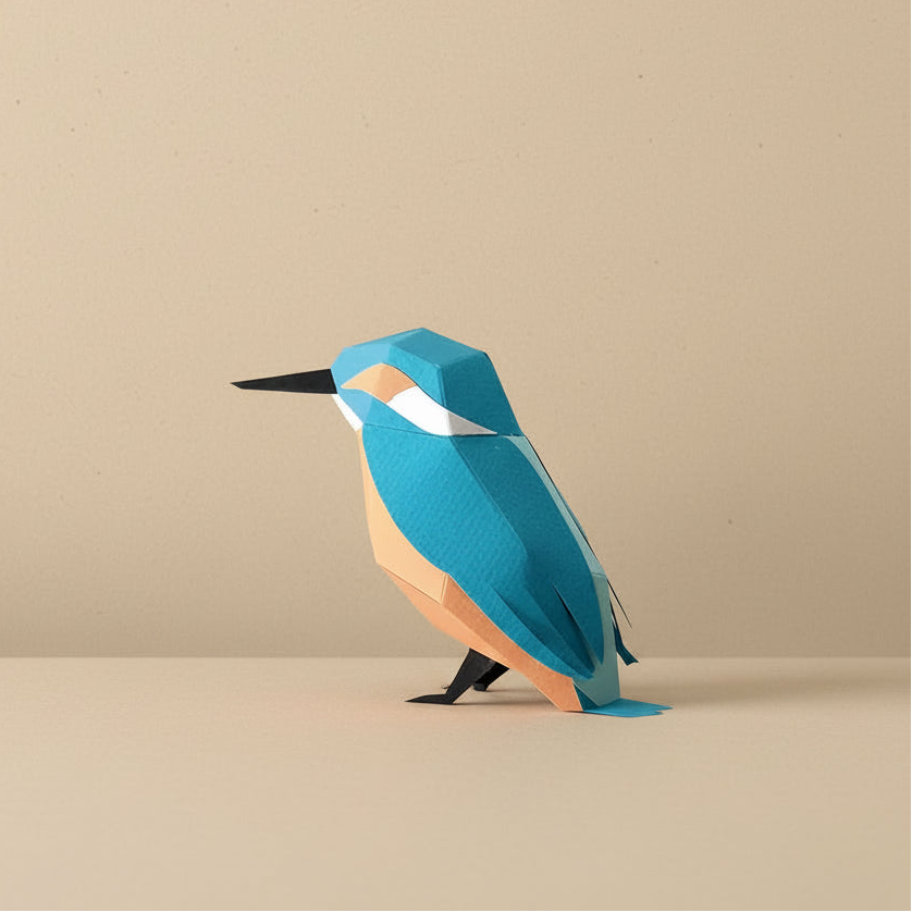 Blue and orange bird-shaped lamp on a white surface with a plant in the background