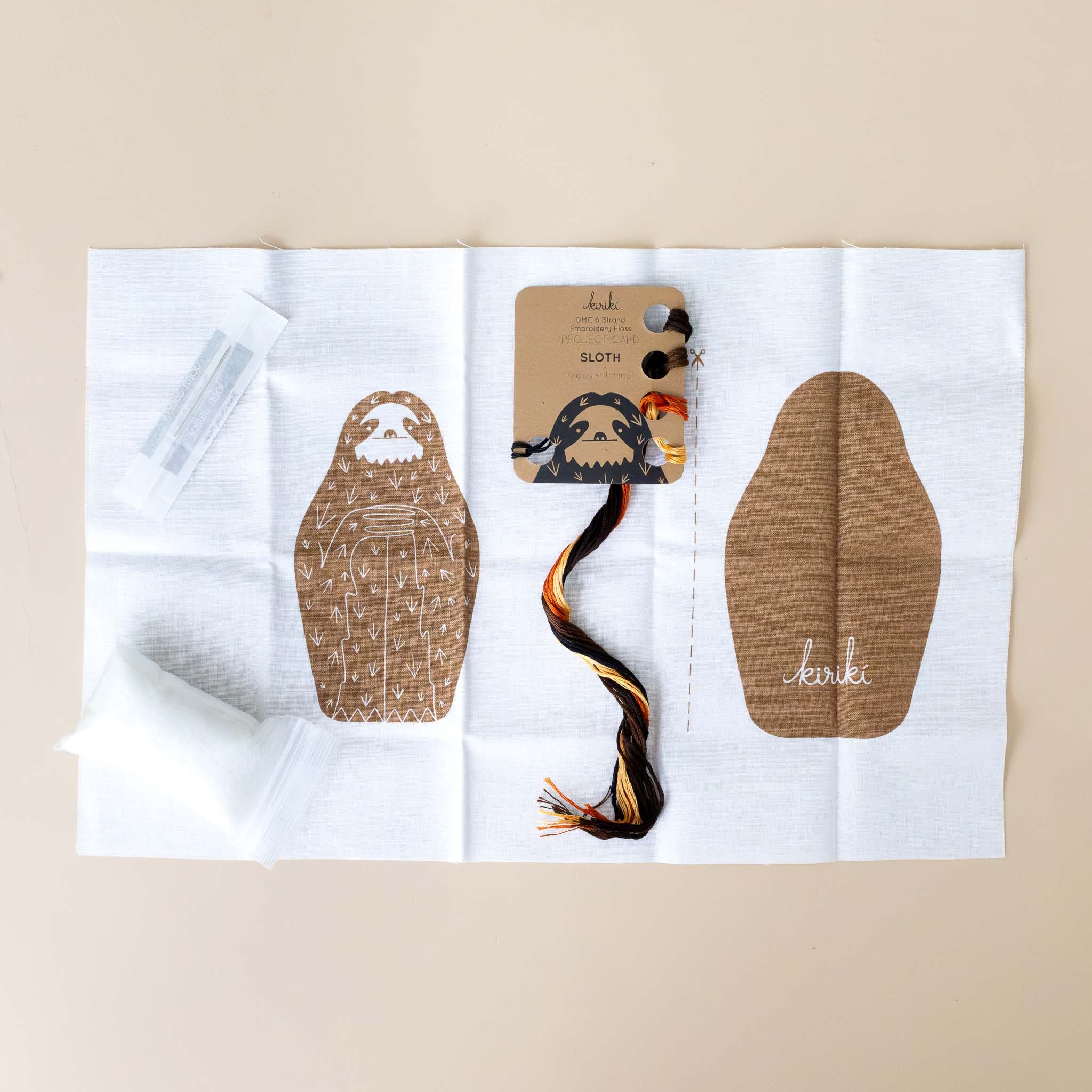 make-your-own-embroidered-animal-kit-sloth-pattern-thread-needle-and-stuffing