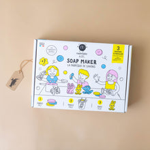 Load image into Gallery viewer, make-your-own-soap-kit-box-box-with-illustration-of-children-on-the-front-with-molds-pan-for-melting--and-bubbles-