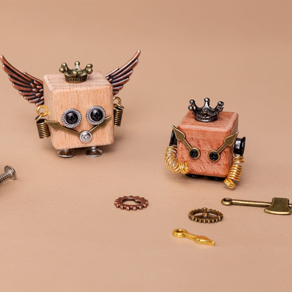 make-your-own-timberbot- Two wooden toy figures with mechanical parts on a gray background