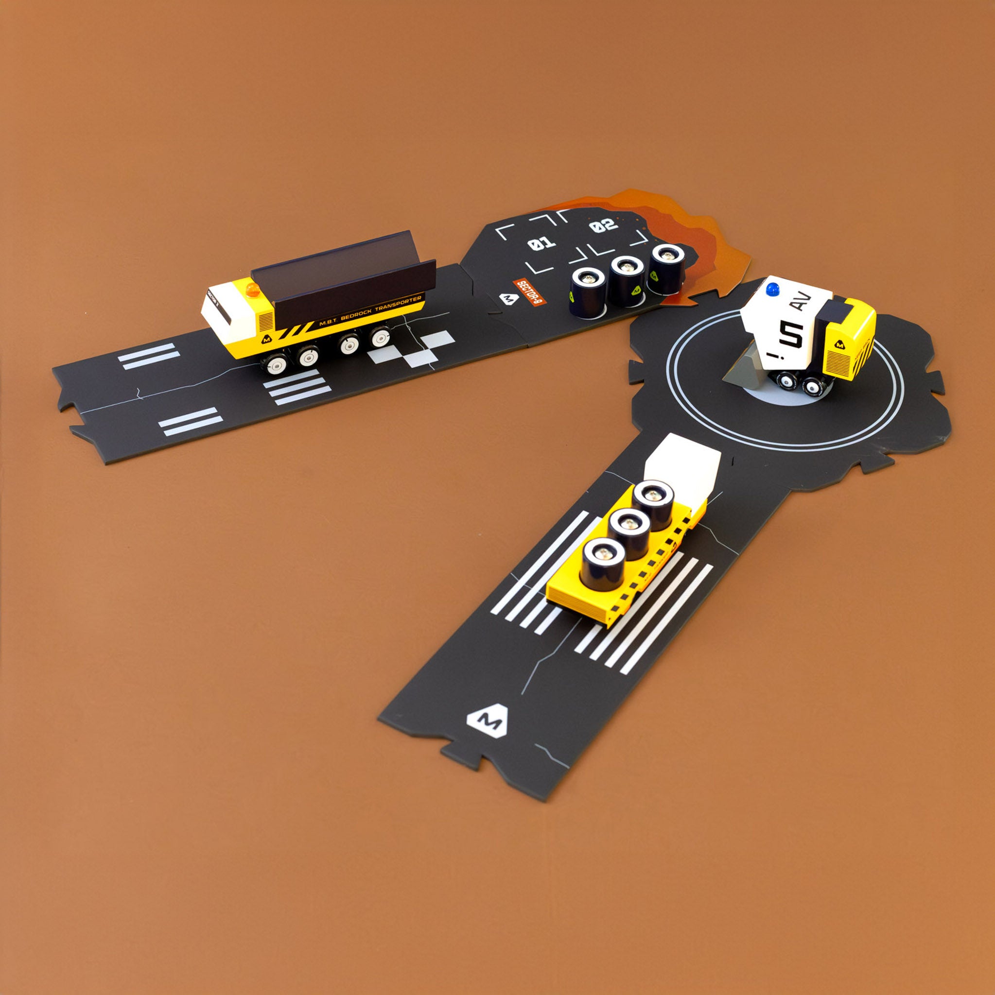 marge-vehicles-play-set-sector-9-yellow-and-black-wooden-set-with-cargo-vehicles-and-road-and-loading-pads