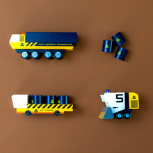 Load image into Gallery viewer, marge-vehicles-play-set-sector-9-yellow-and-black-wooden-trucks-and-cargo-containers