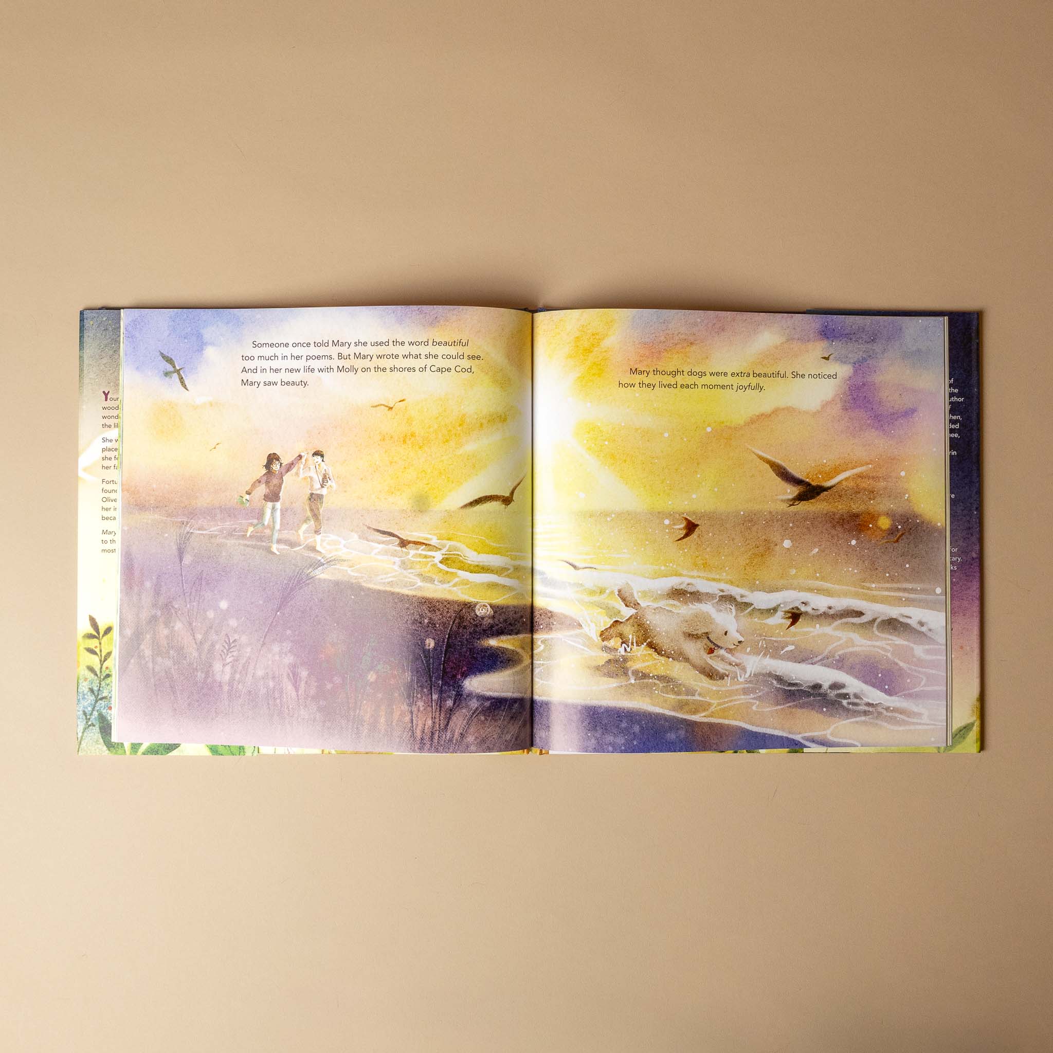 mary-oliver-holding-on-to-wonder Open book with a colorful illustration of a beach scene on a beige background