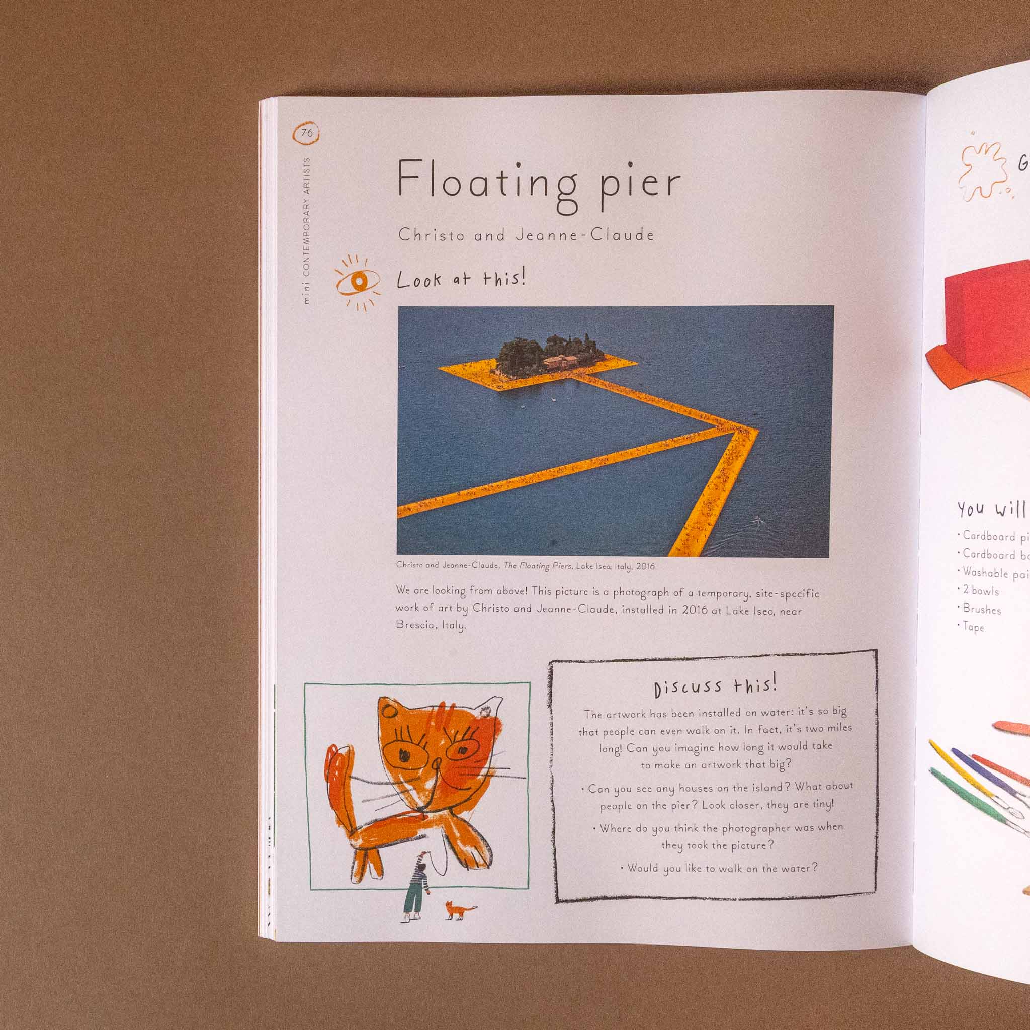 Open mini-artists-activity-book with illustrations and text on a brown background