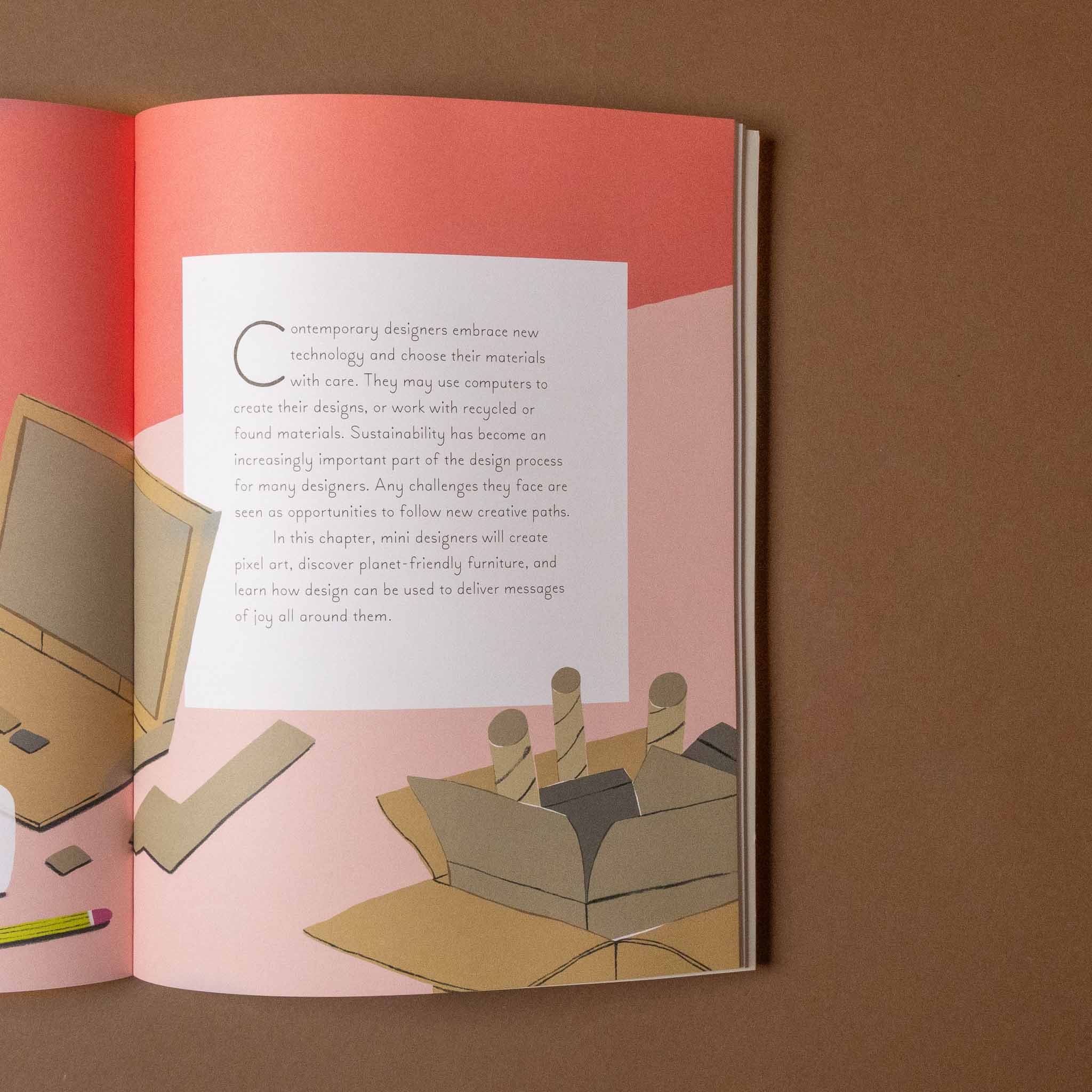 Open mini-designers-activity-book with illustrations of a cardboard box and people on a pink page.