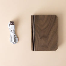 Load image into Gallery viewer, miniature-wooden-book-light-walnut-cable-and-closed-as-book