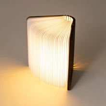 Load image into Gallery viewer, miniature-wooden-book-light-walnut-opened-and-lit-like-a-book