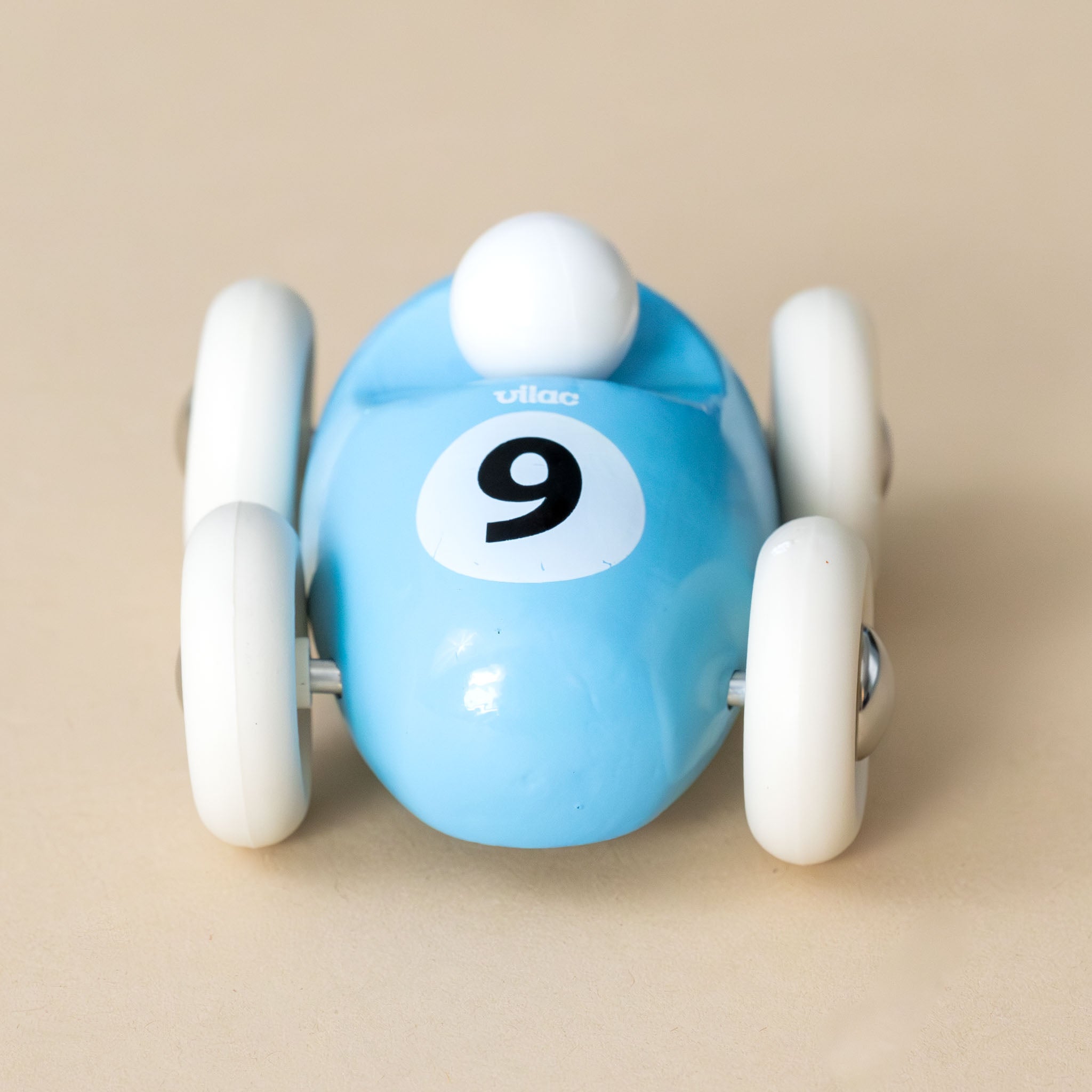 miniature-wooden-roadster-sky-blue-white-wheels-number-9-front