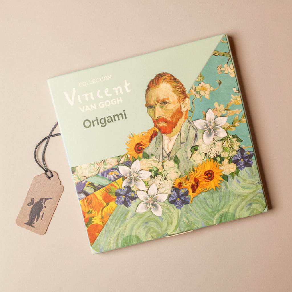 Van Gogh-themed origami book with a tag on a beige background