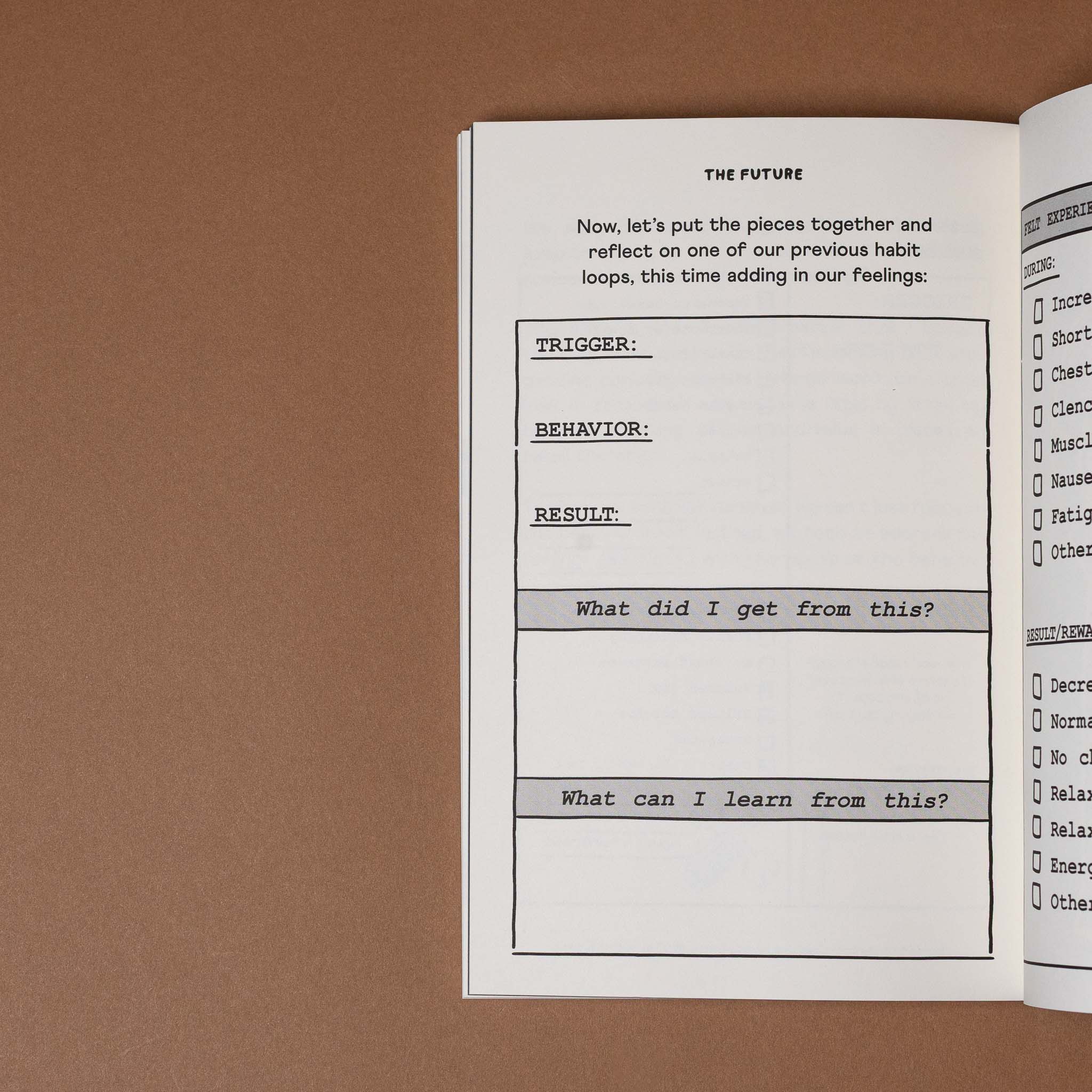 Open book with a reflective questionnaire on a brown background