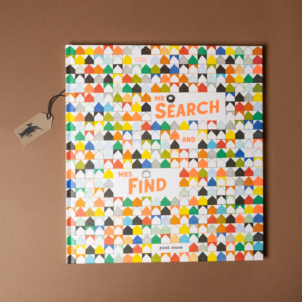 Book titled 'Mr Search and Mrs Find' with geometric pattern on a brown background