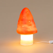 Load image into Gallery viewer, glowing-mushroom-lamp--small-white-base-with-red-top-with-small-holes-to-dapple-light