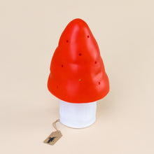 Load image into Gallery viewer, mushroom-lamp--small-white-base-with-red-top-with-small-holes-to-dapple-light
