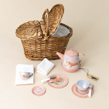 Load image into Gallery viewer, musical-tin-tea-set-with-wicker-basket-hots-dogs-on-2-tea-cups-2-saucers-and-teapot-2-napkins-2-spoons