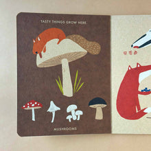 Load image into Gallery viewer, page of My Little Forest Board Book by Katrin Wiehle showing mushrooms and a beaver 