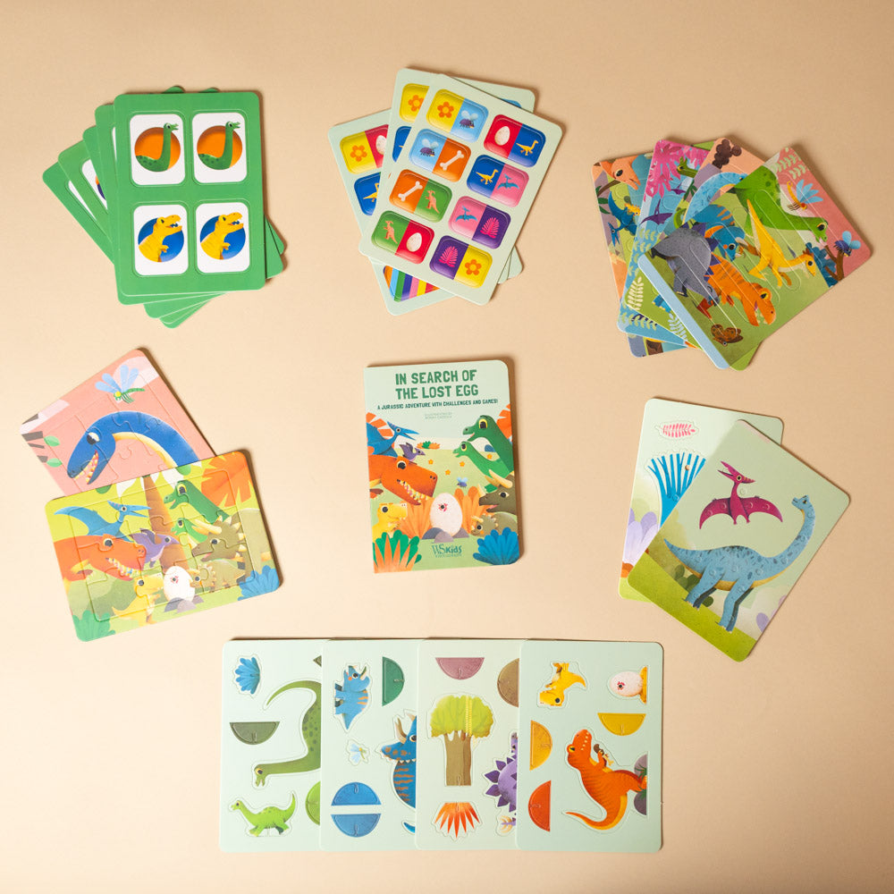 my-little-interactive-box-of-dinosaurs Collection of colorful children's educational cards on a beige background