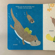 Load image into Gallery viewer, A page of My Little Pond Board Book by Katrin Wiehle showing otters and a frog in water