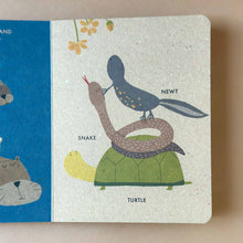 Load image into Gallery viewer, a page of My Little Pond Board Book by Katrin Wiehle showing a newt on a snake on a turtle
