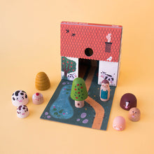 Load image into Gallery viewer, my-wooden-world-play-set-farm-box-with-hay-bale-cows-farmer-rooster-apple-tree-pig-mom-and-baby-horse-pieces-with-barn