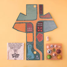 Load image into Gallery viewer, my-wooden-world-play-set-farm-box-with-hay-bale-cows-farmer-rooster-apple-tree-pig-mom-and-baby-horse-pieces-play-set-board-and-carrying-bag