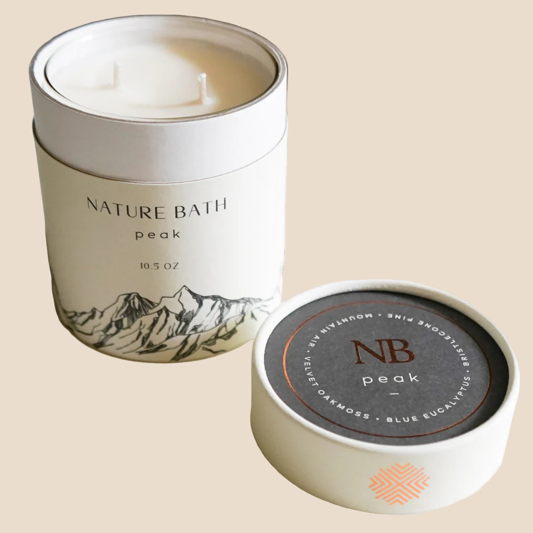 Nature Bath candle with mountain design on packaging