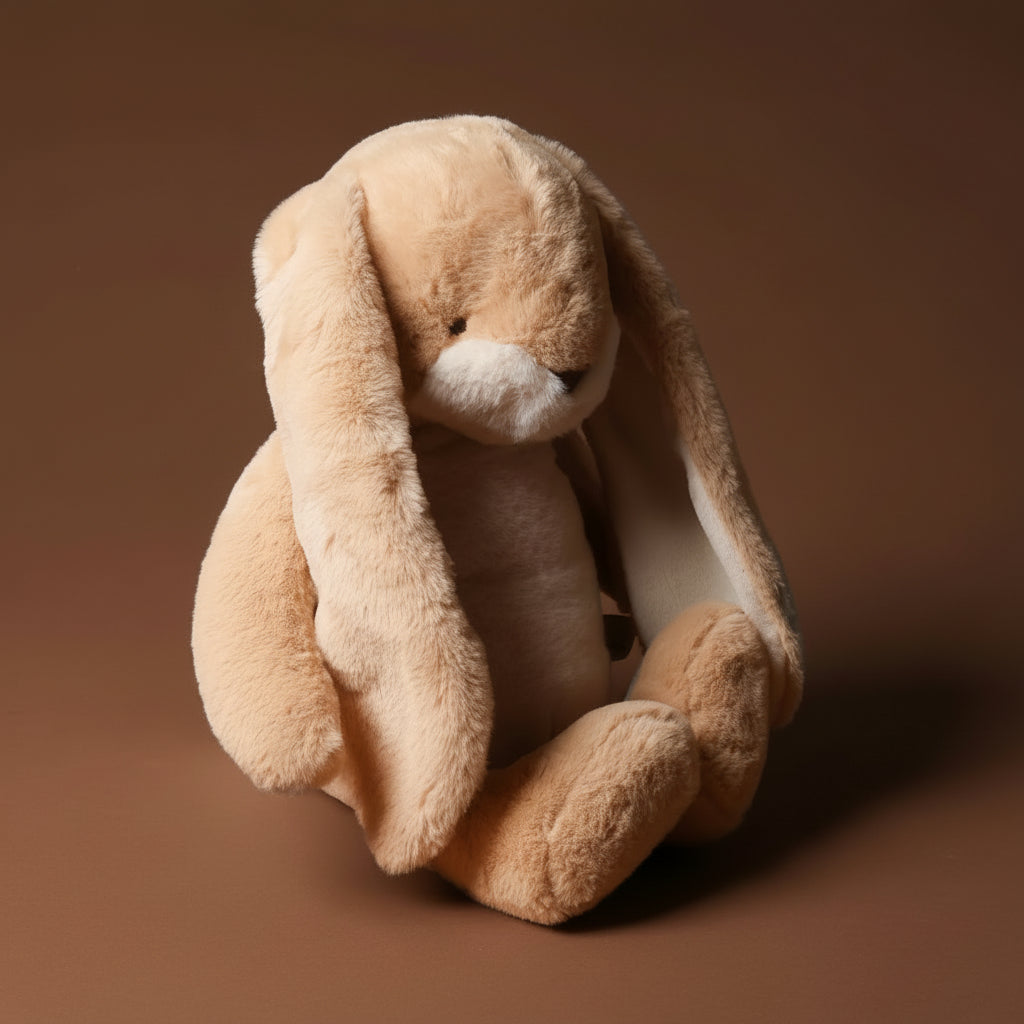 Plush nibbles-bunny-almond-medium toy on a brown background