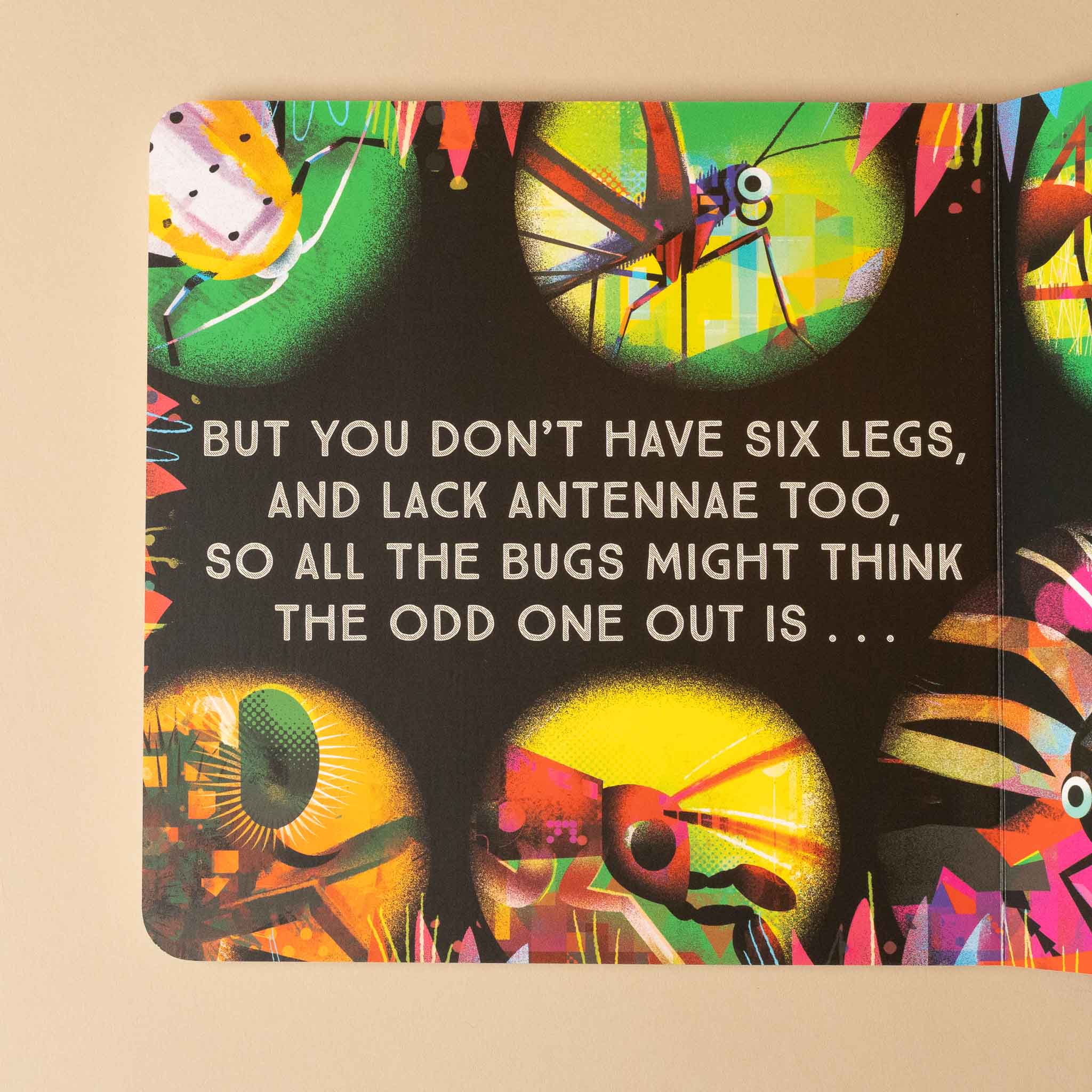Colorful odd-bugs-board-book with cartoon bugs and a humorous text message on a beige background