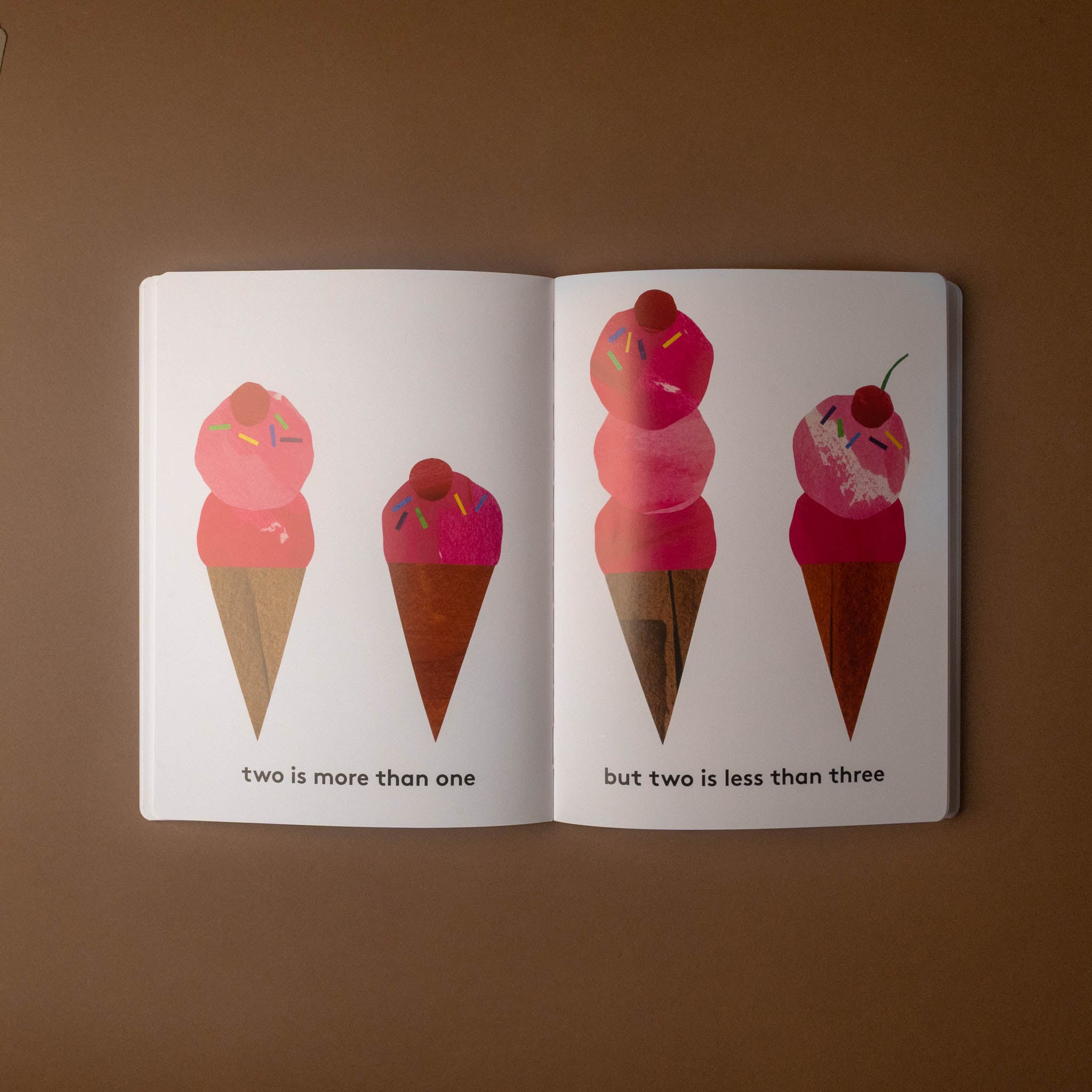 Open one-whole-hippopotamus book with illustrations of ice cream cones on a brown background