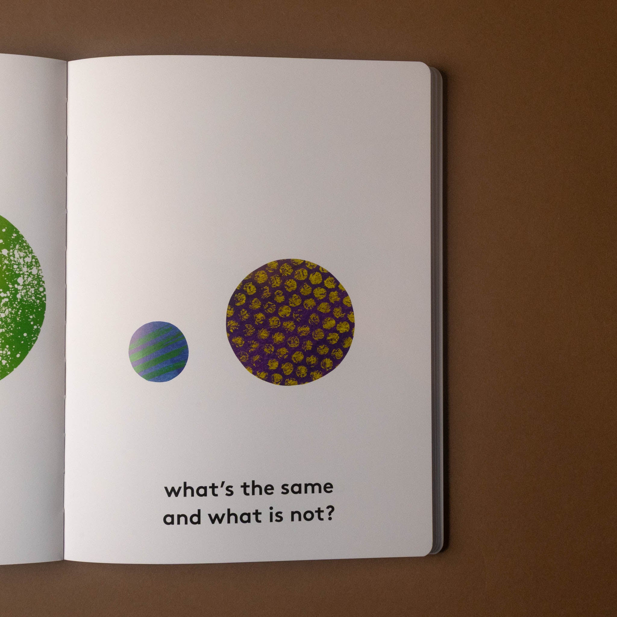 Open one-whole-hippopotamus book with illustrations of planets and text on a brown background