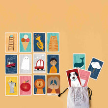 Load image into Gallery viewer, orangutan-game-card-examples-with-muslin-carrying-bag