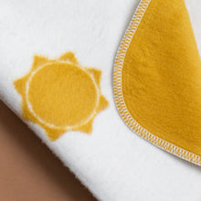 Load image into Gallery viewer, organic-cotton-baby-blanket-detail-of-yellow-sun-and-blanket-stitch-edge