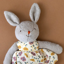 Load image into Gallery viewer, organic-cotton-grey-bunny-friend-rose-and-ochre-floral-stuffed-animal-embroidered-nose-eyes-and-mouth